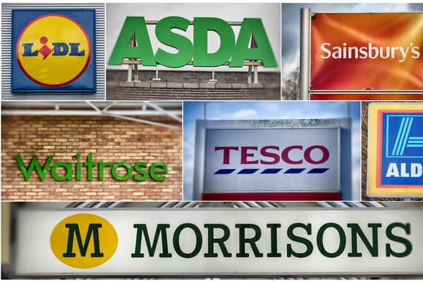 BRISTOL, ENGLAND - NOVEMBER 18:  In this composite image, the logos of the UK’s leading supermarkets (Left to right from top row) Lidl, Asda, Sainsbury’s (Middle row left to right) Waitrose, Tesco and Aldi and bottom row Morrisons (Photo by Matt Cardy/Getty Images)