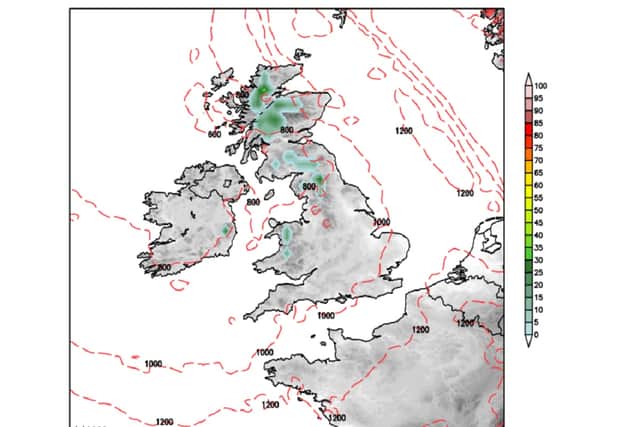 The Snow Risk Map from Netweather shows snow arriving in the Scottish Highlands on Tuesday, and creeping into parts of Cumberland, Northumberland, Westmorland, Durham, Yorkshire and Wales by Friday