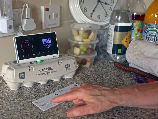 Pensioner Diane Skidmore examines her smart meter in London. 