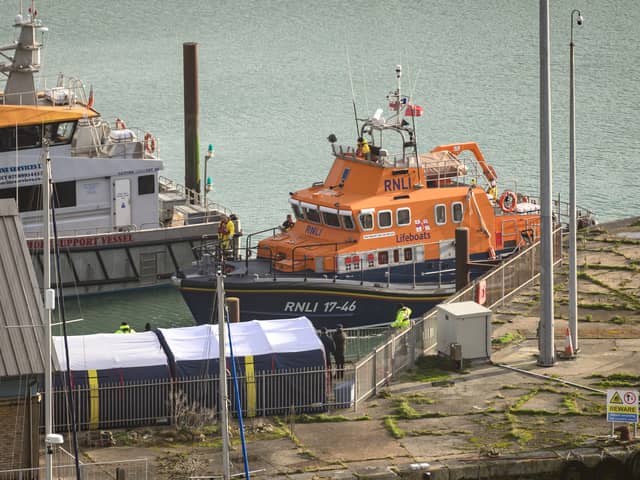 An RNLI life boat arrives back in port after taking part in a rescue mission in the English Channel.