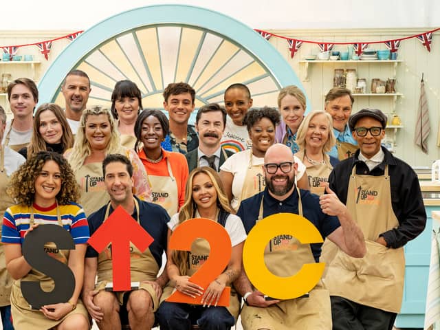 Pictured is the Celebrity GBBO line-up for 2023. Back Row - Ellie Taylor, Joe Thomas, Paddy McGuinness, Coleen Nolan, Tom Daley, Adele Roberts. Lucy Beaumont, David Morrissey. Middle Row - Tim Key, Jessica Hynes, Gemma Collins, AJ Odudu, Mike Wozniak, Judi Love, Deborah Meaden, Jay Blades. Front Row - Rose Matafeo, David Schwimmer, Jesy Nelson, Tom Davis. Pic: Channel 4