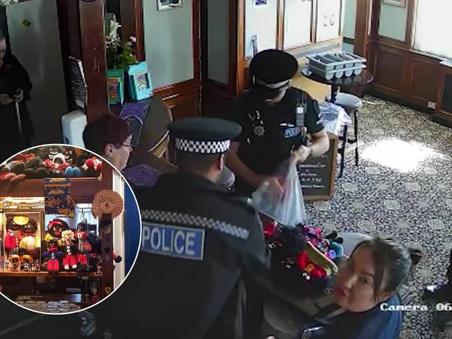 CCTV footage shows police storming a couple's Essex pub and seizing their golliwog dolls, saying the toys were a suspected hate crime (Photos: SWNS)