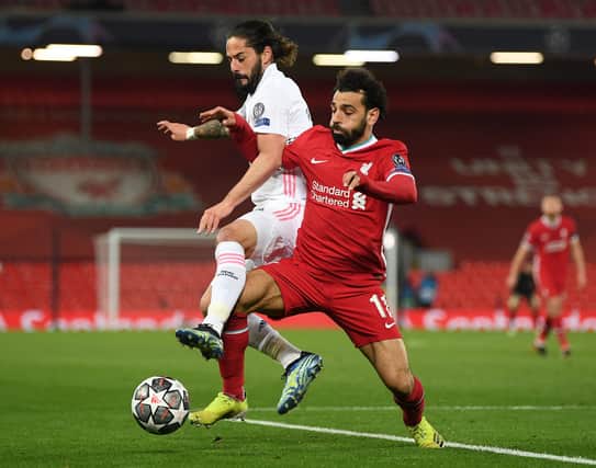 Isco of Real Madrid with Mohamed Salah of Liverpool during the UEFA Champions League Quarter Final in 2021 - Liverpool play Real Madrid in this year's final. (photo: Getty Images)