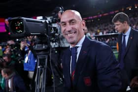  President of the Royal Spanish Football Federation Luis Rubiales (C) reacts at the end of the Australia and New Zealand 2023 Women’s World Cup final football match between Spain and England at Stadium Australia in Sydney on August 20.