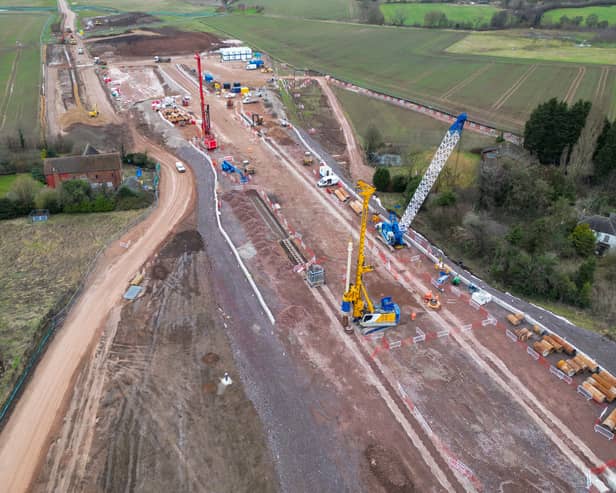 An aerial view of the groundworks construction of the HS2 high speed rail network progresses around the A38 dual-carriageway near Streethay on January 27, 2023 in Lichfield (Photo by Christopher Furlong/Getty Images)