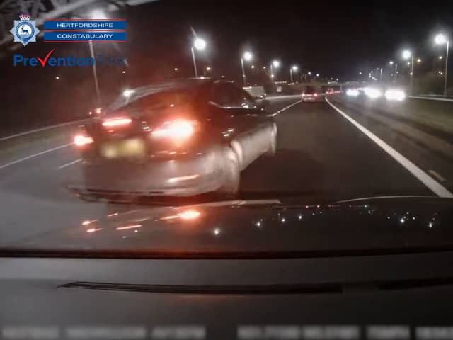 Jack Doolan was caught on dashcam swerving across the M25 in Hertfordshire after a space saver tyre burst. He was taken to court after the crash.