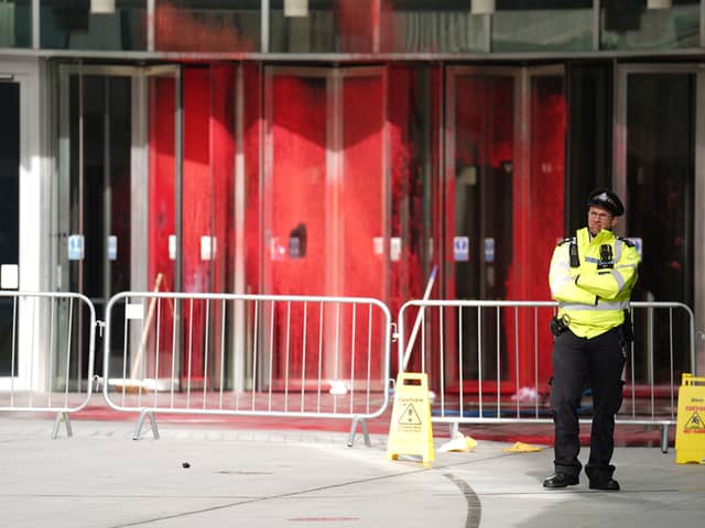 The scene at BBC Broadcasting House in London, after red paint was sprayed over the entrance. Picture date: Saturday October 14, 2023.