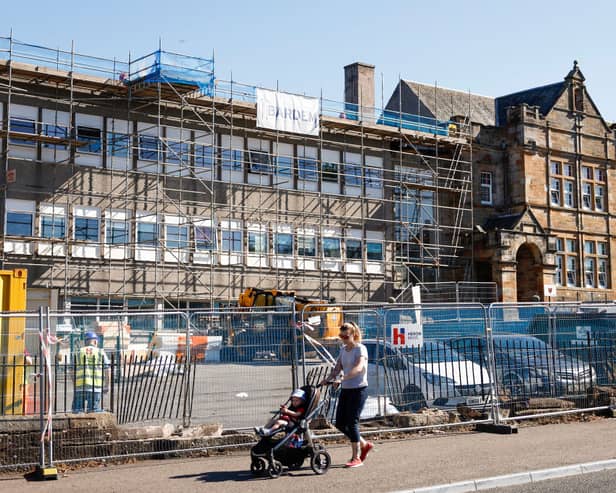 A general view of scaffolding at Balbardie Primary School on September 04, 2023 in Bathgate, Scotland, after its buildings were found to contain RAAC. Credit: Getty Images