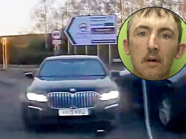 Richard Frost, 42, was filmed on dashcam weaving in and out of traffic at high speed in a black BMW 7 Series.