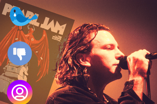 Pearl Jam looks to continue their European tour this week with dates in Barcelona. But fans who were affected by the last-minute cancellations of Eddie Vedder (pictured) and company are seething still about the 11th-hour move - and now a series of art prints of the shows that didn't occur going on sale (Credit: Getty/Canva/X)