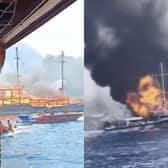 Fire rages through tourist boat as passengers jump into ocean.
