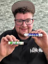 John Junior with The Sugar Free Polo Mints (green and white) from 1997 and a modern day packet of Sugar Free Polo Mints. 