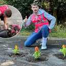 West Sussex landscaper Harry Smith-Haggett, 22, has been filling in Horsham's potholes with flowers dubbed 'pretty potholes'. 