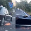 Sparks fly from Bentley as it’s driven on M25 - missing a tyre.
