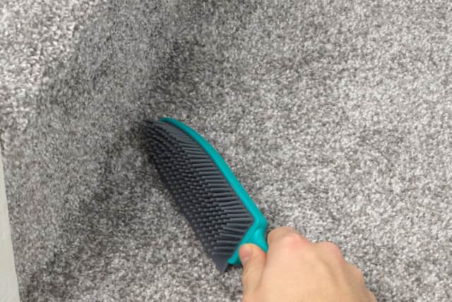 The brush has hard rubber blades