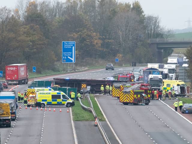 The M6 was closed a after lorry crashed through the central reservation near Preston