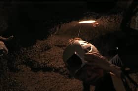 A spider crawls on GK Barry's helmet during the 'Vile Volcano' Bushtucker Trial.