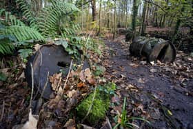 Barrels though to contain tar or bitumen dumped during the 1920s at Nightingale Valley in Bristol. 