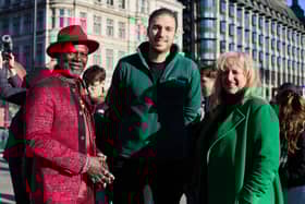 Trussell ambassadors Levi Roots and Mark Hoyle (LadBaby) meet with Trussell Chief Executive Emma Revie outside Parliament 