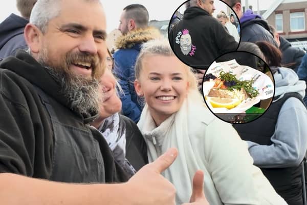 Spudman AKA Ben Newman poses for selfies outside Mecca Bingo in Blackpool
