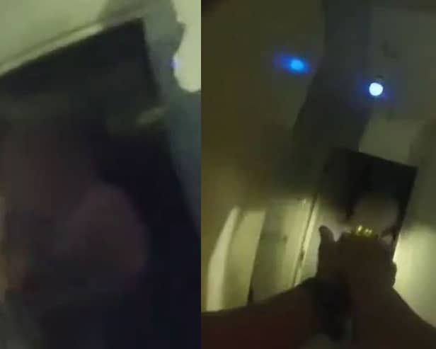 Man swings circular saw at police.