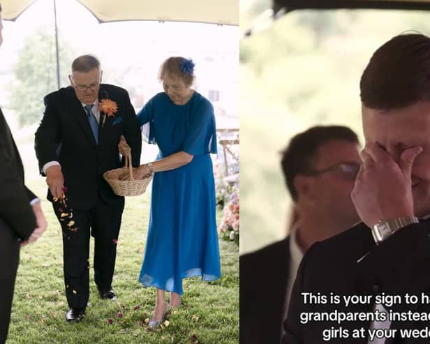 Groom’s grandparents walk down the aisle instead of flower girls.