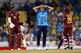 Jamie Overton of England reacts after bowling during the 3rd One Day International between the West Indies and England at Kensington Oval on November 06, 2024 in Bridgetown, Barbados.