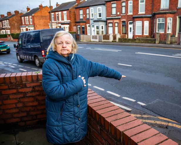 Freda Smith, 73, pictured outside her house on Liverpool Road in Eccles, Greater Manchester