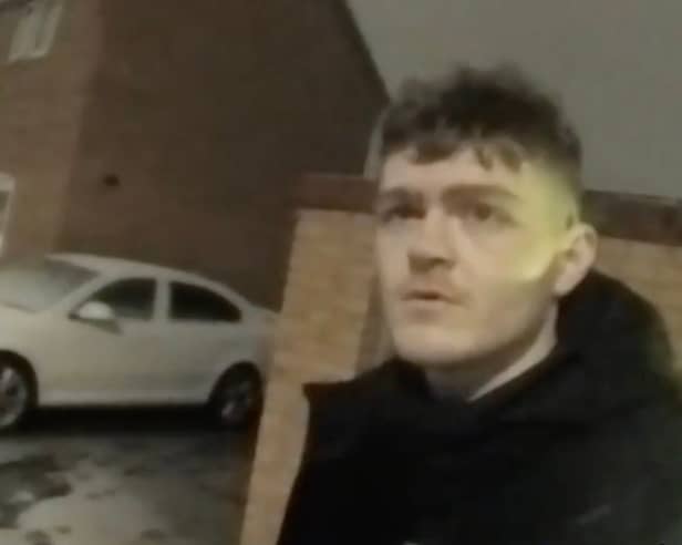 South Yorkshire Police arrest car thief Josh Mansfield after tracking his footsteps through the snow to a garden in  Doncaster, South Yorks. 