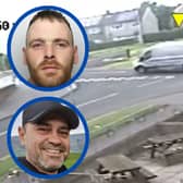 Ross (pictured top inset) was found guilty of murder after  purposely crashing into a parked car to kill Claudiu-Carol Kondor (pictured bottom inset) who was hanging onto the door of his own van to prevent it from being stolen. 