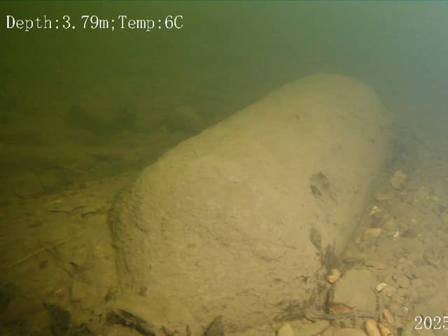 The WW2 bomb found by Adam Makewell and his son Cameron Makewell in the River Ure in Yorkshire.