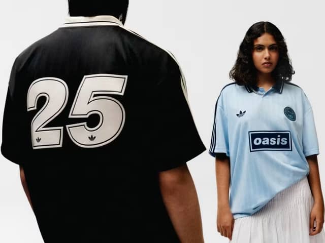 Key looks from the Oasis x Adidas collab include retro football styling and bold anniversary branding.