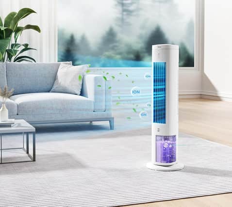 The air cooler uses a tank of cold water, and a pair of ice blocks to send out a super-cool blast of air