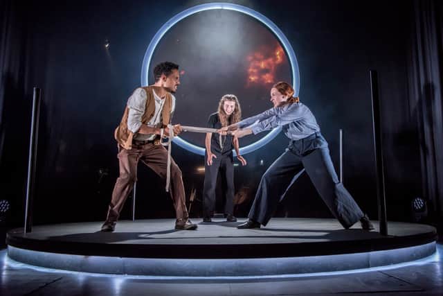Themba Mvula ('He') Alexandra Meier ('She') and centre is Tsen Day-Beaver (Shimble) in Life Gets Stretched