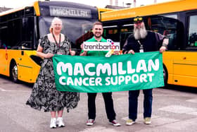 (l-r) trentbarton charity champion Michelle Bower, Macmillan Cancer Support’s Olly Larkin and trentbarton charity champion Andrew Davenport-Young 