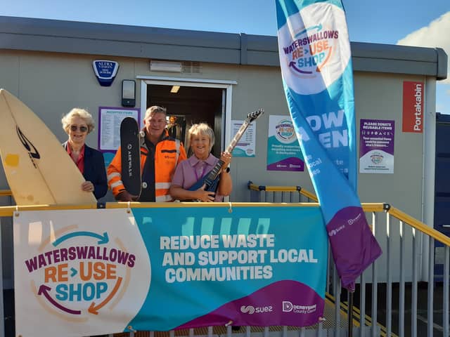 BARGAIN HUNTERS: Councillor Carol Wood, pictured left, uncovers some pre-loved treasures at Waterswallows Re-use Shop, with Derbyshire County Council contracts and compliance officer Carol Rice, pictured right, and Suez assistant site manager Brian Ball.