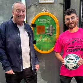 New Mills FC Chairman Ray Coverley with High Peak Comps' Alexander Greensmith. 