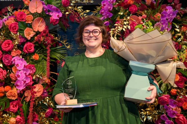 Glossop floral designer Anja Norris, receiving her UK Florist of the Year Award