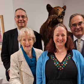 Pictured with the Buxton Bear (left to right) DCC head of libraries and heritage Robert Clayton, DCC Cabinet Member for Environment Cllr Carol Wood, Derbyshire Museums Manager Martha Jasko-Lawrence and DCC Vice Chairman Cllr Rob Reaney.