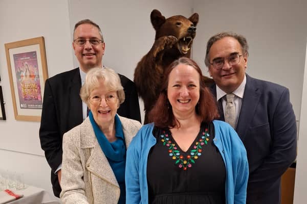 Pictured with the Buxton Bear (left to right) DCC head of libraries and heritage Robert Clayton, DCC Cabinet Member for Environment Cllr Carol Wood, Derbyshire Museums Manager Martha Jasko-Lawrence and DCC Vice Chairman Cllr Rob Reaney.