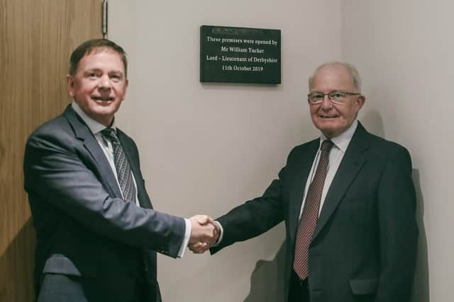 The Lord Lieutenant of Derbyshire, William Tucker, and managing director Roger Jepson shaking hands after the unveiling of the opening plaque.