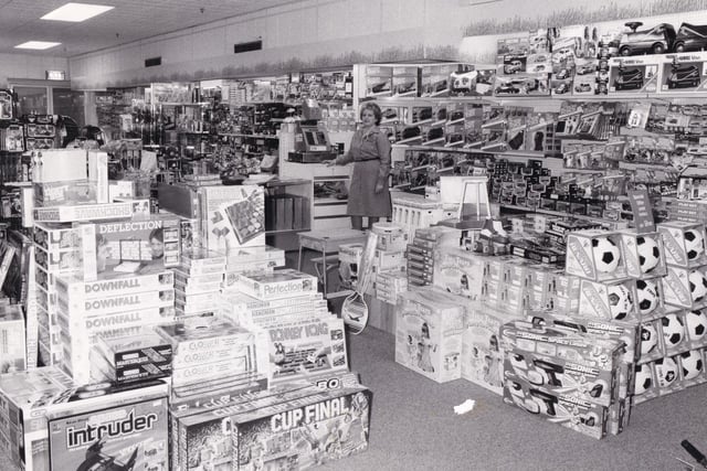 There were toys aplenty in the newly-expanded Toy Department on the refurished third floor in November 1984. Pictured is manageress and buyer Betty Watson.