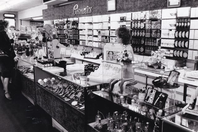 A well stocked cosmetics counter in November 1985.