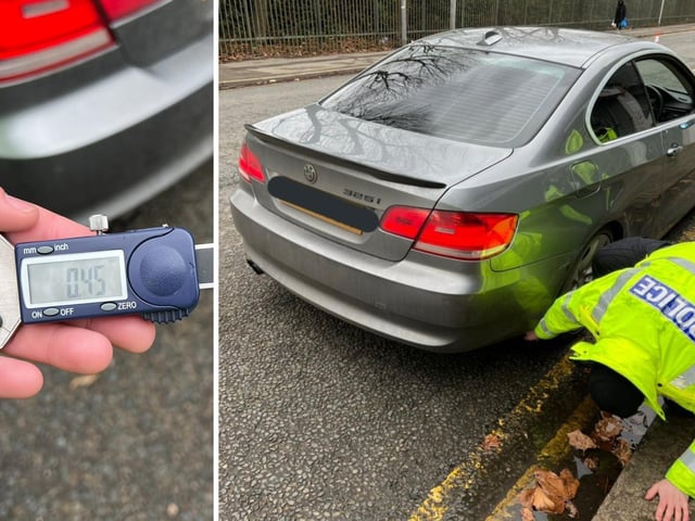 A BMW pulled over for illegal number plates and dark windows was found to have low tread on two tyres