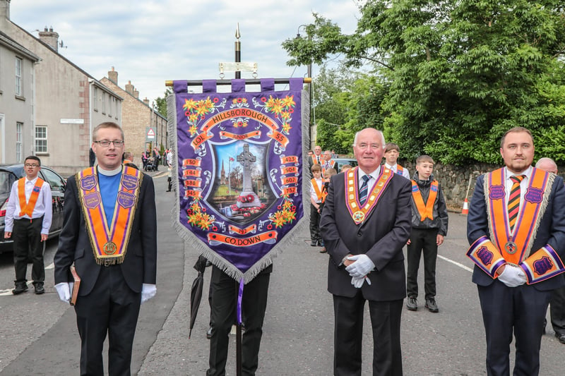 Rev Brother David McCarty DCGC, WCGM WBro Sam Walker and Marc Cairns District Master Hillsborough District No 19 at the Dedication of the new bannerette for Hillsborough JLOL 55. Pic by Norman Briggs, enbphotographyni