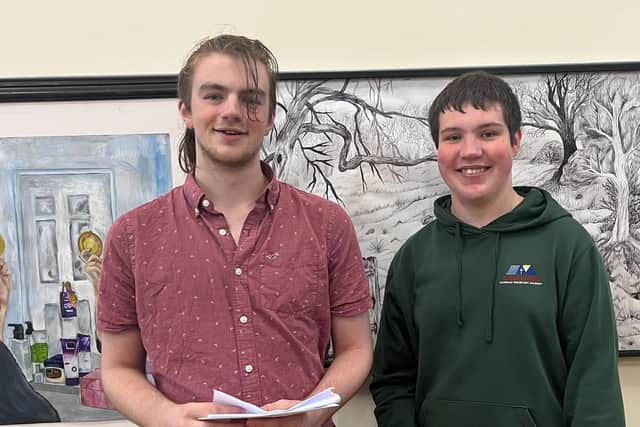 Freddie Clarke and Jakob McGuiness getting their GCSE results at St Thomas More. Pic submitted