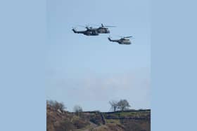 Three RAF Puma HC.Mk 2 helicopters were captured flying over the Peak District around 1 pm this afternoon.