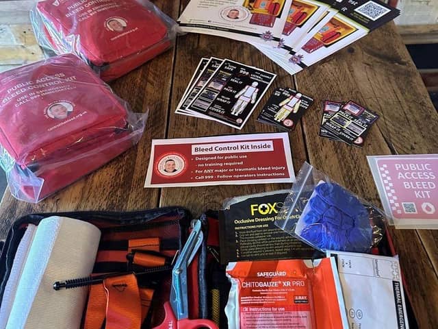 The Bleed Control Kits are stocked with a range of items designed to help control a catastrophic bleed, including a trauma dressing, gauze dressing, chest seal, tourniquet, gloves, and scissors.