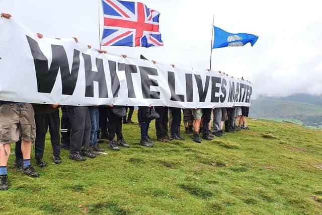 The Union Jack and Yorkshire flag fly in the background - photo by Patriotic Alternative