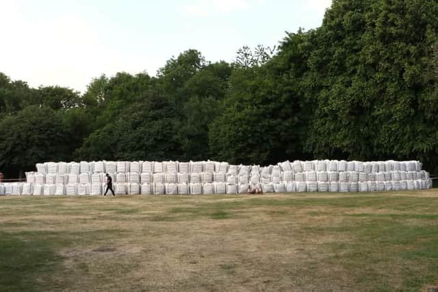 The sandbags built for filming After the Flood in New Mills